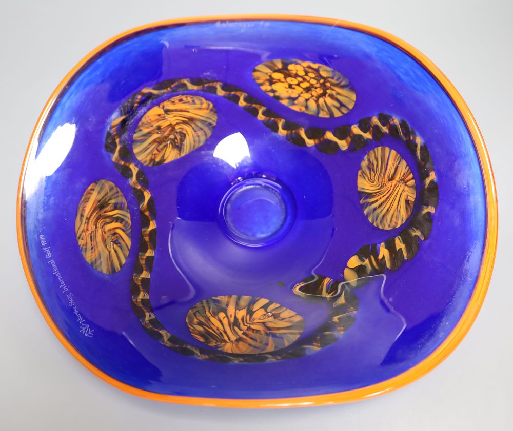 A free blown coloured glass dish, signed R. Weninger, 99, for Norske Skog International Golf, diameter 37cm